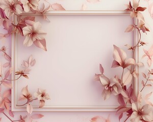 Elegant Floral Frame With Pink Blossoms on a Soft Pastel Background,image showcases a delicate floral frame adorned with soft pink blossoms and subtle copper-toned leaves. The centerpiece is a blank p