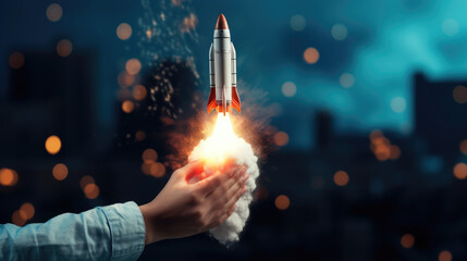 Space rocket hand taking off night sky - obrazy, fototapety, plakaty