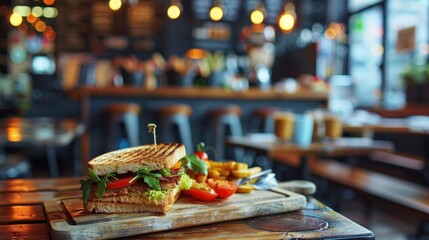 Sandwich on cutting wooden board in a cafe