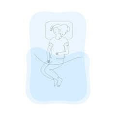 Girl sleeping in bed, top view, isolated line art illustration
