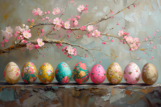 Easter eggs. Oil painting in impressionism style. Template for Easter greeting card.
