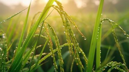 The dew point of the paddy in the early morning