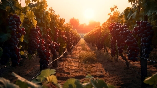 A close-up view of the vineyards during sunset or sunrise. A bunch of red grapes on the bushes of a vineyard plantation.