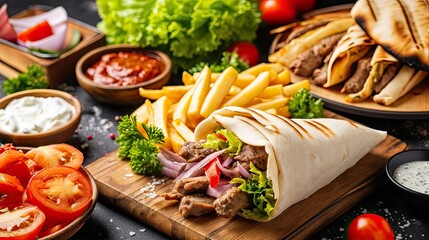 A platter of döner meat and crispy, golden fries, served with a side of rich, savory sauce.