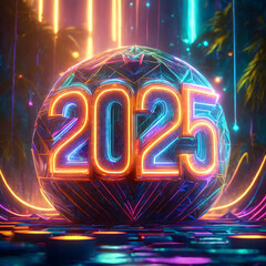 Fototapeta na wymiar New year 2025 glowing sign with lights
