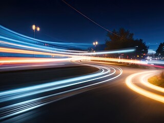 Nighttime scene with blurry background and light trails as it moves forward.