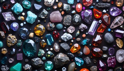 variety of shiny colorful precious gemstones rocks geology on black background - obrazy, fototapety, plakaty