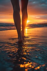 Woman walking on a beach during sunset close-up. A graceful figure moves against the horizon.