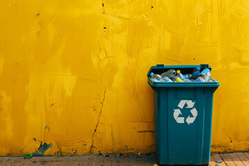 A blue recycle bin filled with plastic bottles against a textured yellow wall, symbolizing environmental awareness and recycling efforts.