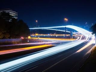 Nighttime scene with blurry background and light trails as it moves forward.