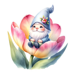 A cute gnome  sitting on a tulip  clipart watercolor illustration pastel corlor perfect for nursery art  png