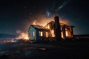 Fototapeta na wymiar house hit by meteor at night on fire 