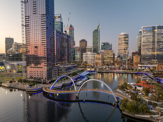 Perth, Australia - August 31, 2023: Panoramic sunset view of Elisabeth Quay in Perth from drone...