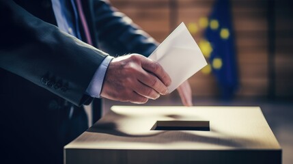 Adult Unrecognizable Putting Her Voting Ballot into a Sealed Box at Modern Polling Station. Generative AI