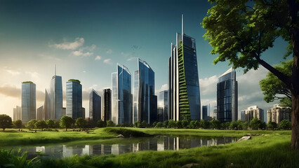 Fototapeta na wymiar City Skyline with Green Spaces and Parks, Urban Sustainability Concept with Room for Environmental Action 