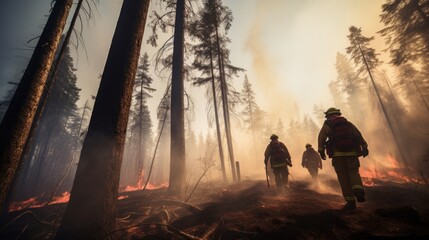 
Firefighters Battling a Blazing Forest Fire During the Hot Summer Days. Environmental Protection and Emergency Response. Generative AI