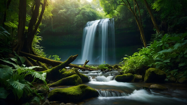 Beautiful Waterfall in Lush Forest, Earth Day Concept with Room for Environmental Awareness
