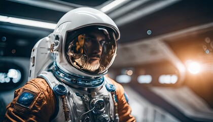 Naklejka premium spaceship and astronaut, astronaut in action, daring astronaut, space suit and helmet, standing in front of futuristic spaceship