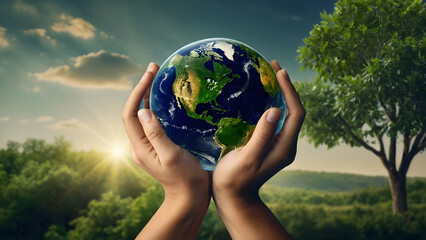 Hands Holding Earth Globe with Wind Turbines, Clean Energy Advocacy Copy Space
