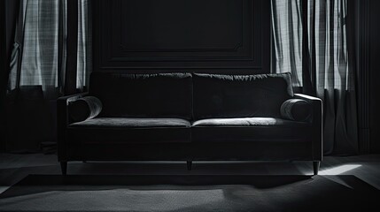 A dark sofa in a dark room. - obrazy, fototapety, plakaty