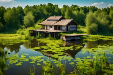 Fototapeta na wymiar View from the water to a settlement on the coast of the Konka River in Kherson Ukraine. Country house among summer greenery and a private pier in a swampy reservoir