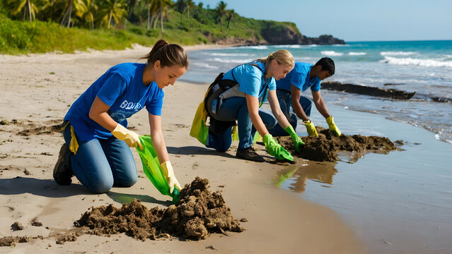 Volunteers Cleaning Up Beach, Environmental Awareness Message Space Included