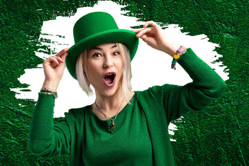 St. Patricks Day woman. Beautiful smiling woman wearing green hat. St Patrick day background with ...