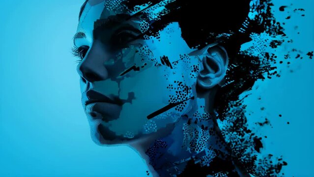 Pixelated woman's face against a blue background, conceptual representation of digital technology
