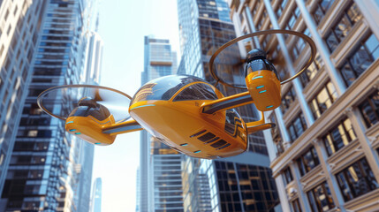 futuristic flying yellow taxi eVTOL flies in a big city among tall buildings