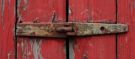 Perspective of a worn red board wall latch.