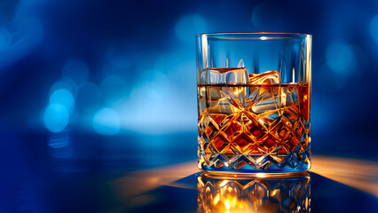 crystal tumbler glass of whisky or brandy and ice. Scotch on the rocks with copy space