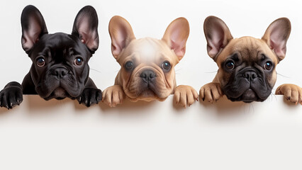 Three French bulldogs looking over a blank poster / banner cut ouy and isolated with copy space for text