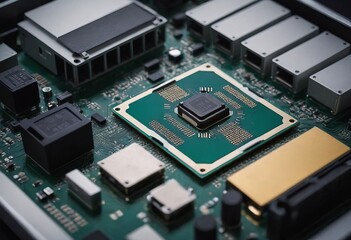 Modern CPU processor installed on a brand new motherboard, object detail, extreme closeup, nobody.