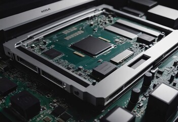 Modern CPU processor installed on a brand new motherboard, object detail, extreme closeup, nobody.