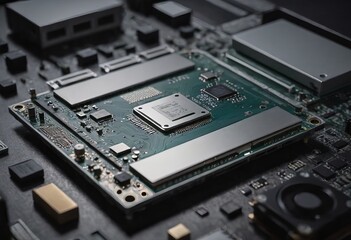 Modern CPU processor installed on a brand new motherboard, object detail, extreme closeup, nobody.