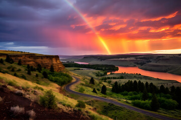 Rainbow over the river in the steppe at sunset. Russia