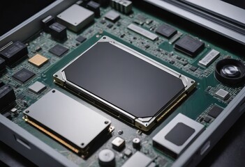 Fototapeta premium Modern CPU processor installed on a brand new motherboard, object detail, extreme closeup, nobody.
