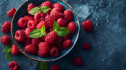 Red surface covered with fresh raspberries and green leaves.