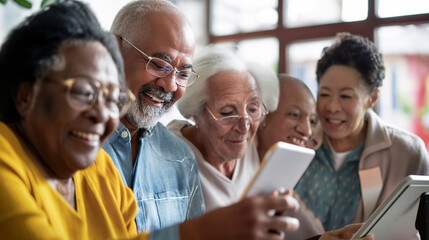 Obraz premium group of seniors gathers around a tablet, engaged in an e-learning session, showcasing the embrace of technology for continued education and skill development