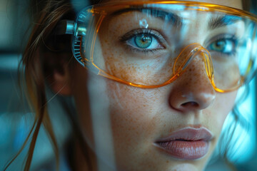 Close-up of a young female physicist with freckles wearing orange safety glasses, reflecting intricate equipment in a blue-tinged lab.