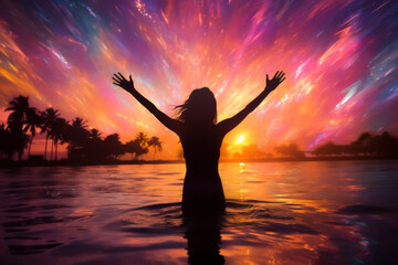 Woman rise hand up on sunset sky at beach and island background. Generative ai.