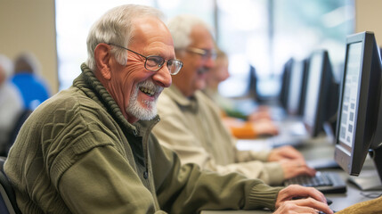 a group of elderly people of diversity nationalities in a computer classroom in a community center. Training in basic computer skills