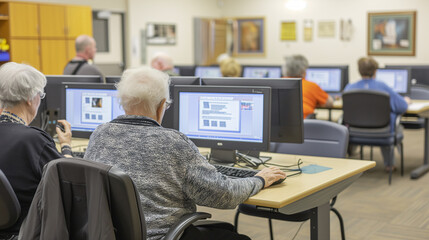 a group of elderly people in a community center computer classroom. Learning basic computer skills