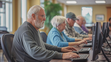 a group of elderly people in a community center computer classroom. Learning basic computer skills