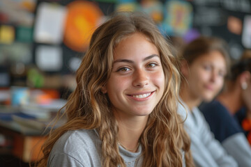 Radiant young female student smiles in a classroom, with colorful planetary models blurred in the background, reflecting a cheerful ambiance.