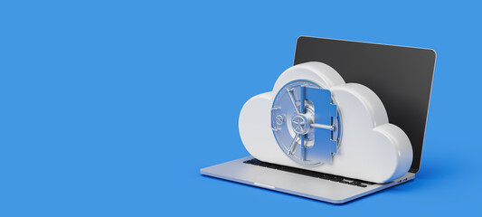 Laptop and bank vault and cloud, online data protection copy space - obrazy, fototapety, plakaty