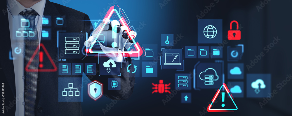 Poster man with robot hand using cybersecurity interface