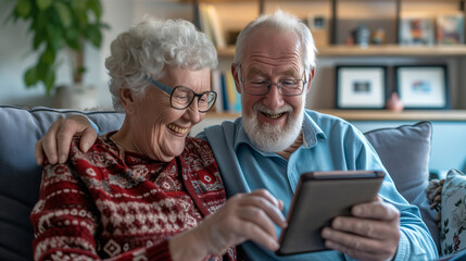 A elderly couple explores content on a tablet, surrounded by the comfort of their home, exemplifying technology's role in everyday life