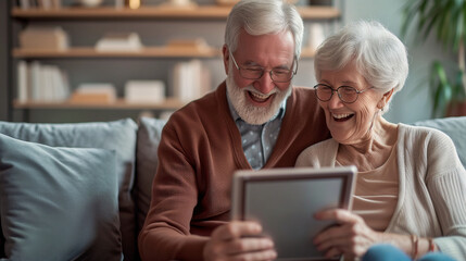 A elderly couple explores content on a tablet, surrounded by the comfort of their home, exemplifying technology’s role in everyday life