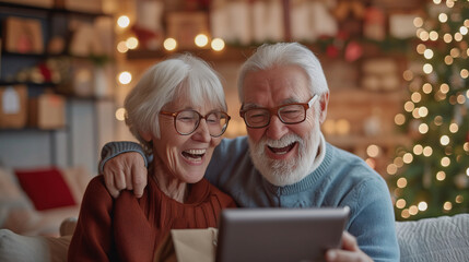 A elderly couple explores content on a tablet, surrounded by the comfort of their home, exemplifying technology’s role in everyday life